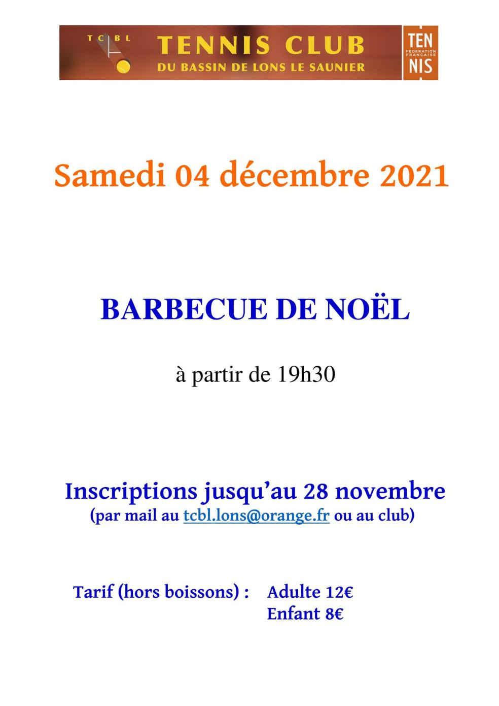 Barbecue de Noël le samedi 4 décembre 2021