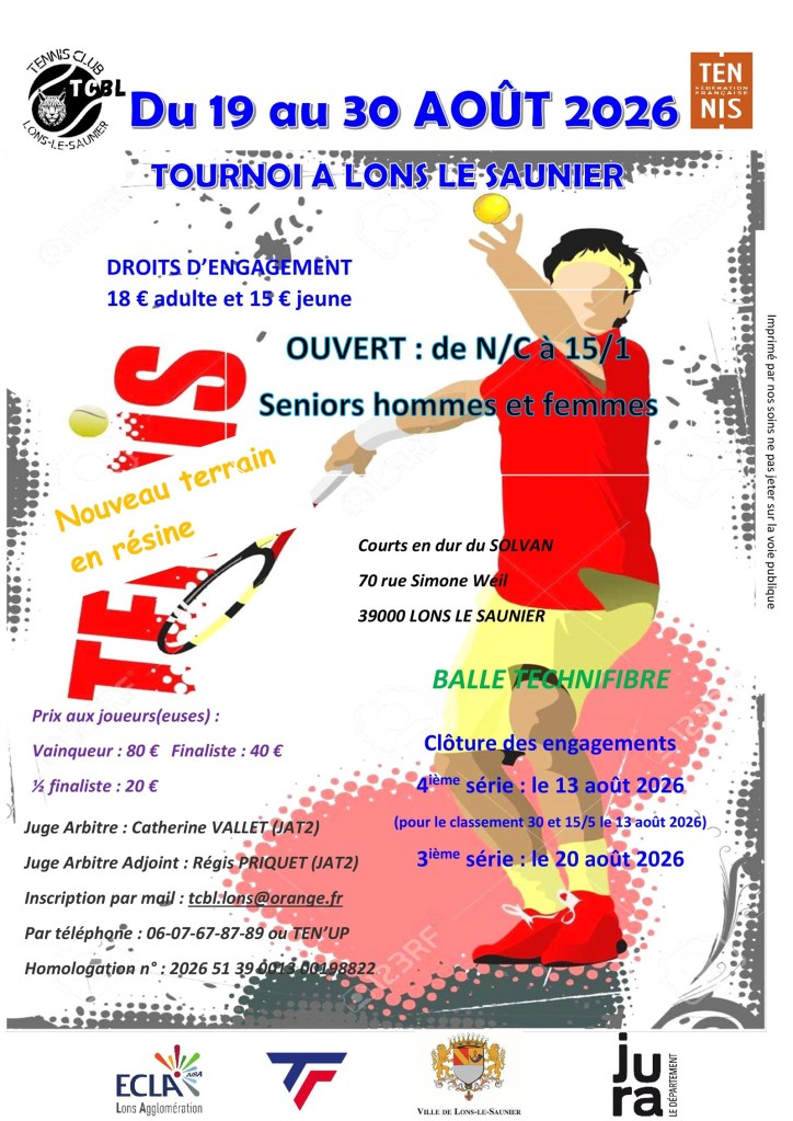 Tournoi du Solvan du 19 au 30 août 2026 de NC à 15/1