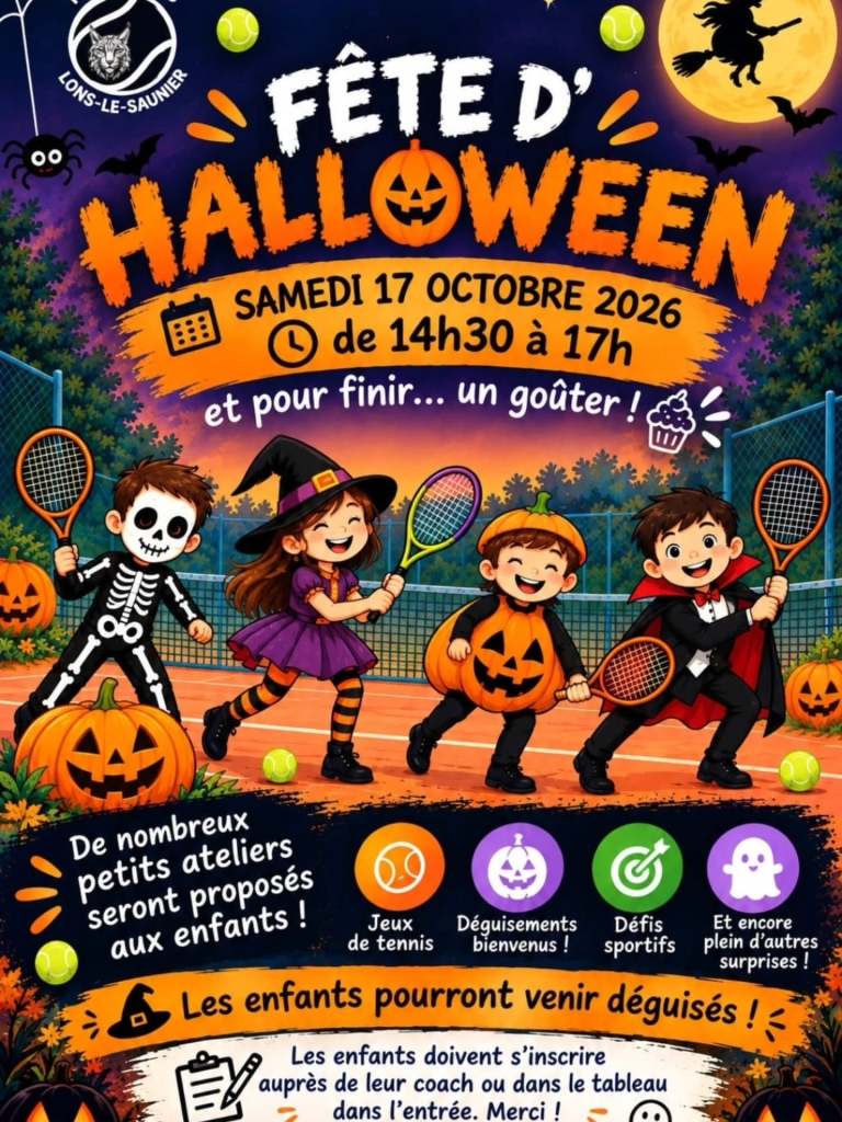 Fête d'halloween samedi 17 octobre pour les enfants de l'école de tennis de 14h à 17h